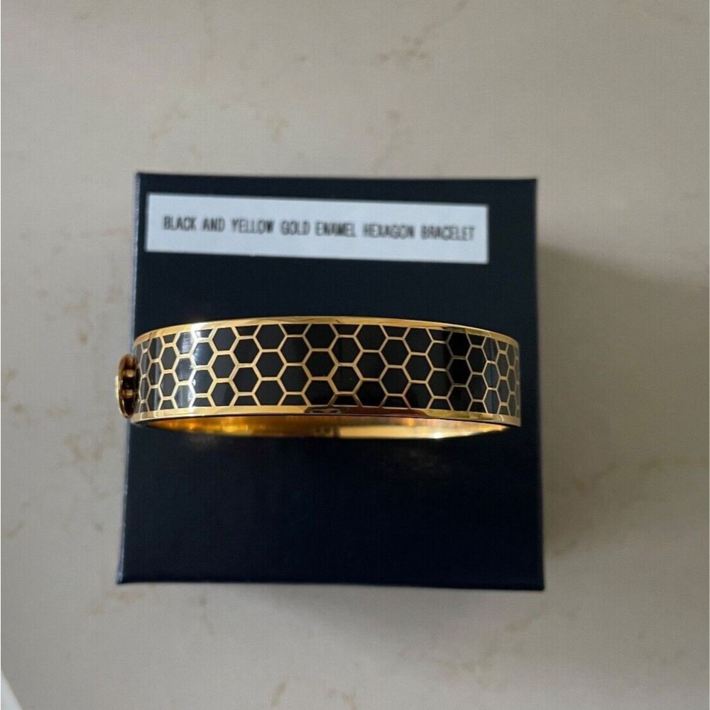 Halcyon Days Black Enamel/Yellow Gold Plated Hexagon Hinged Bangle Bracelet